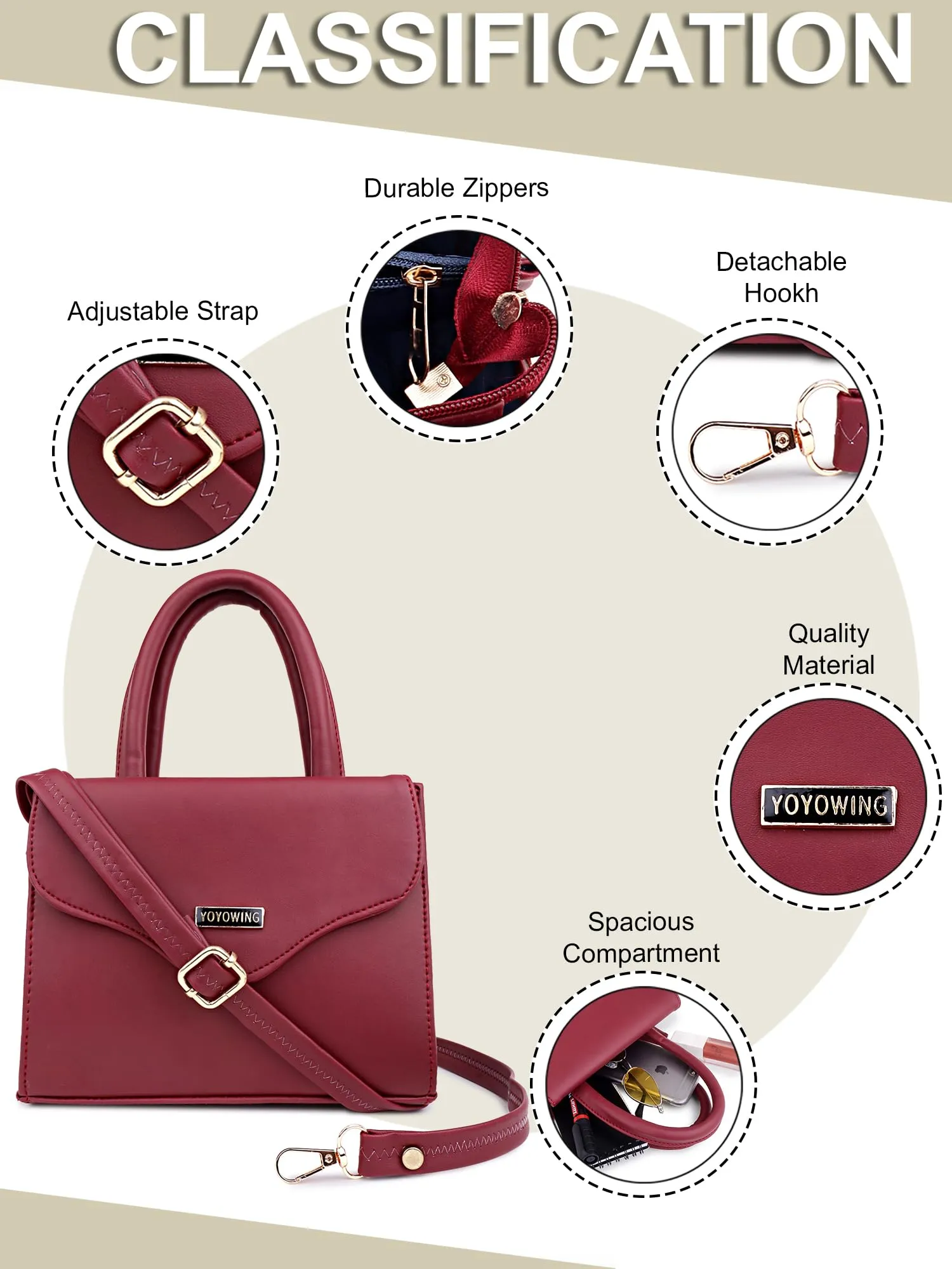 YOYOWING Hand bag for women Synthetic Leather Cross body Ladies sling purse travel shoulder strap (Cherry)